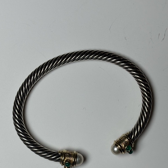David Yurman Cable Cuff Bracelet Sterling Silver 14K Gold w/ Pearls/Emeralds 5mm - Picture 12 of 16